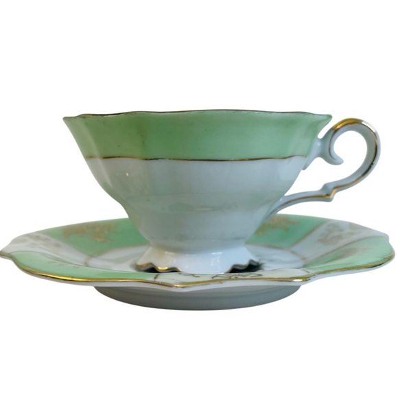 Teacup and Saucer Vintage Old Gold Japan Mint Green and Rose Floral Hand Painted - Picture 3 of 13